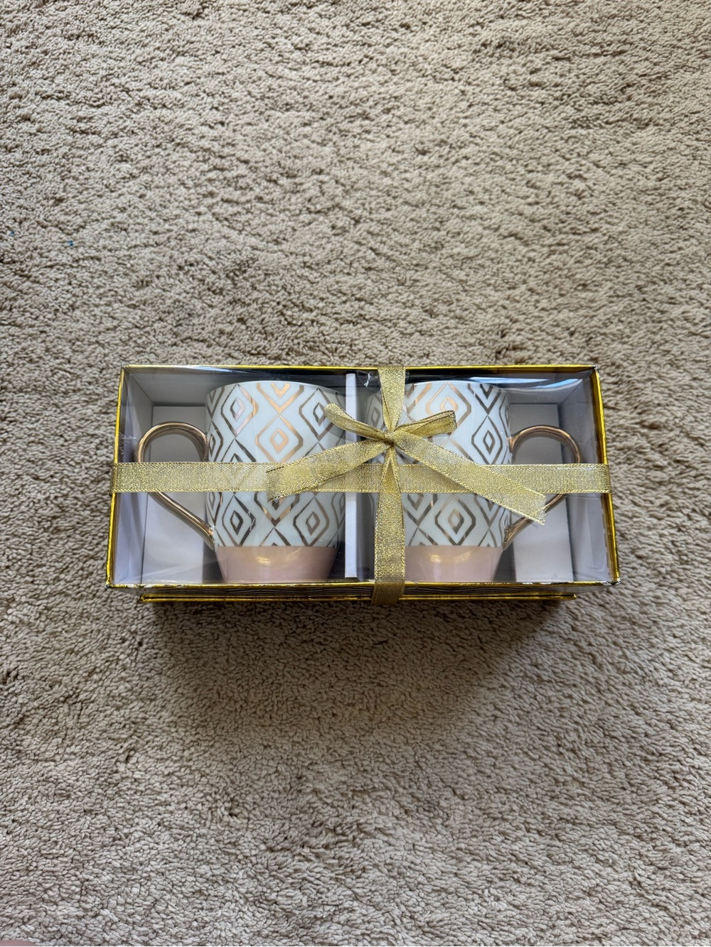 Gold-Accented White Ceramic Mug Set with Geometric Pattern - Set of 2